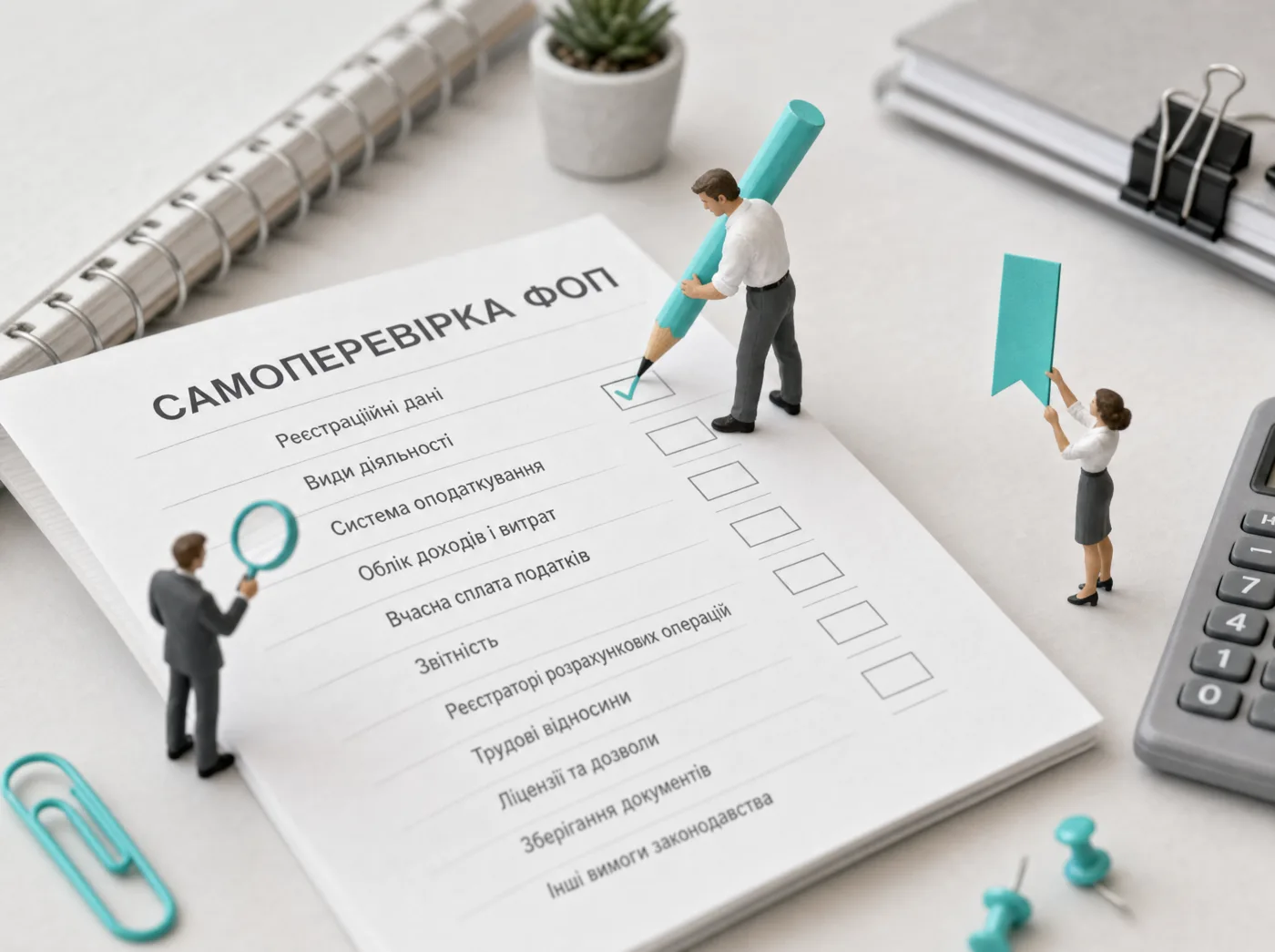 Мініатюрні підприємці відмічають пункти великого чек-листа «Самоперевірка ФОП»
