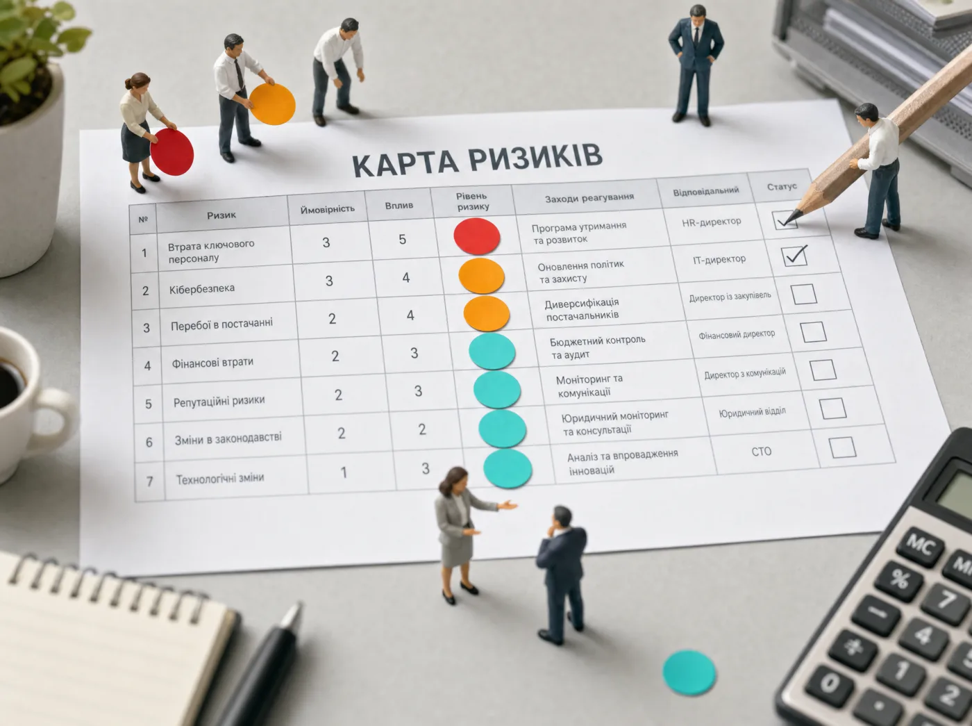 Мініатюрні бухгалтери розставляють кольорові позначки на карті ризиків